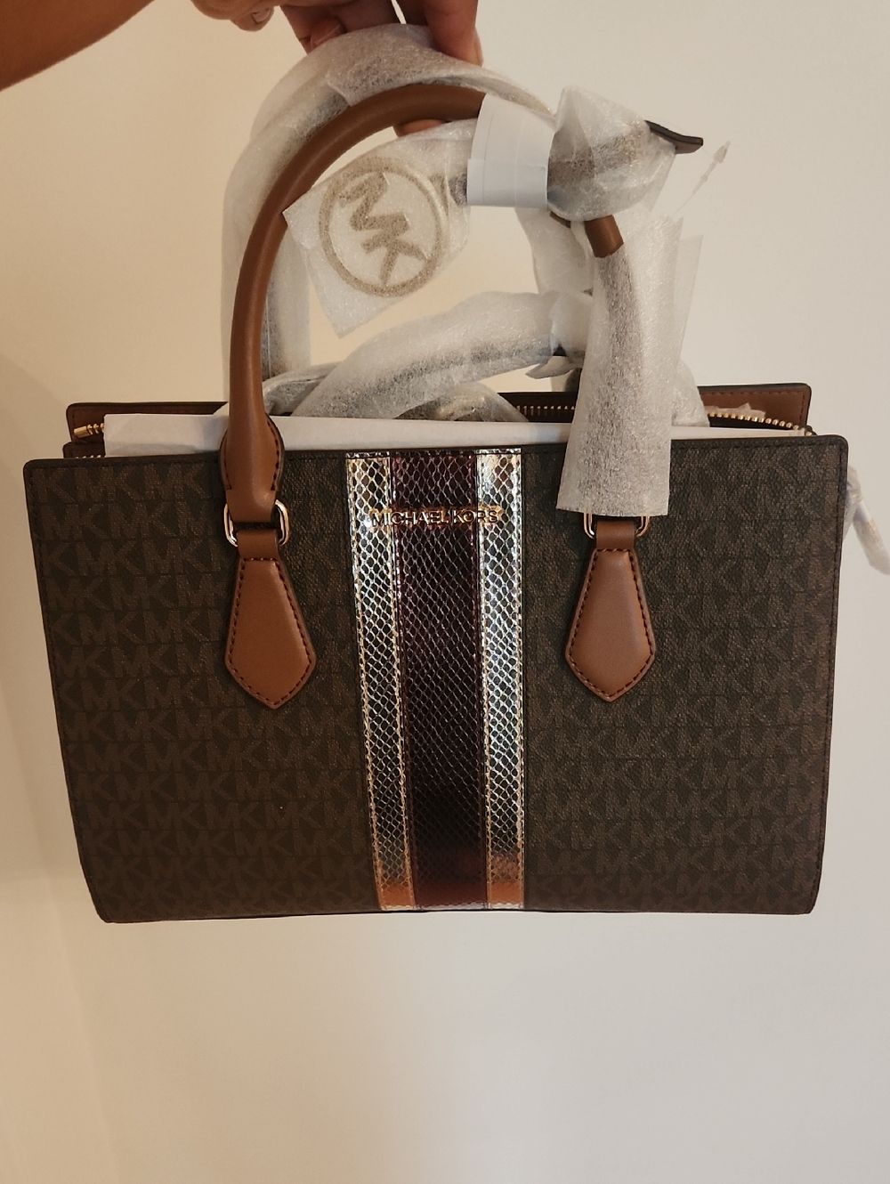 Michael Kors Brown and Metallic Logo Satchel